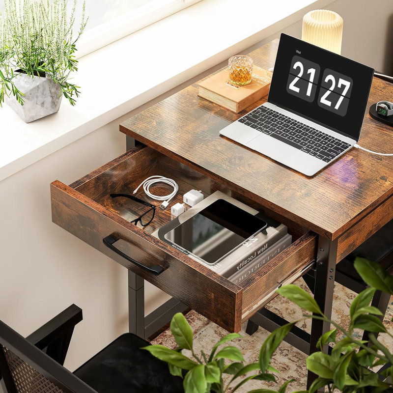 24X24 Inch Bar Table With Power Outlets & Storage, Modern Counter Height Pub Table With Sturdy Legs For Kitchen & Dining, High Top Console Indoor Table, Vintage