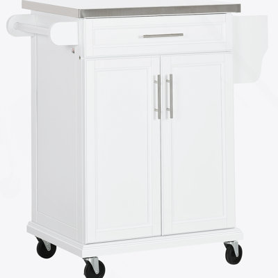 Kitchen Island On Wheels, Rolling Kitchen Cart With Stainless Steel Countertop, Drawer, Towel Rack And Spice Rack, Utility Storage Trolley