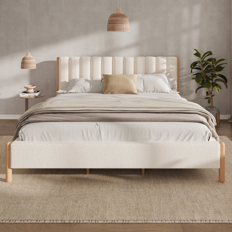 Modern Boucle Upholstered Bed with Vertical Striped Headboard and Solid Wood Frame (Queen), Queen