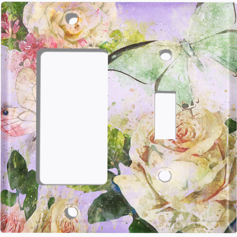 Couvercle de prise de plaque d'interrupteur d'éclairage à motifs en métal (fleur blanche rose mauve - (G) simple GFI / (R) simple à bascule) 2 bandes de lumière
