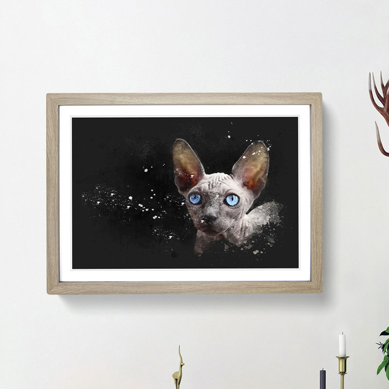 Blue Eyed Sphynx Cat - Single Picture Frame Painting on MDF, 45cm H x 63cm W x 2cm D, Oak Framed