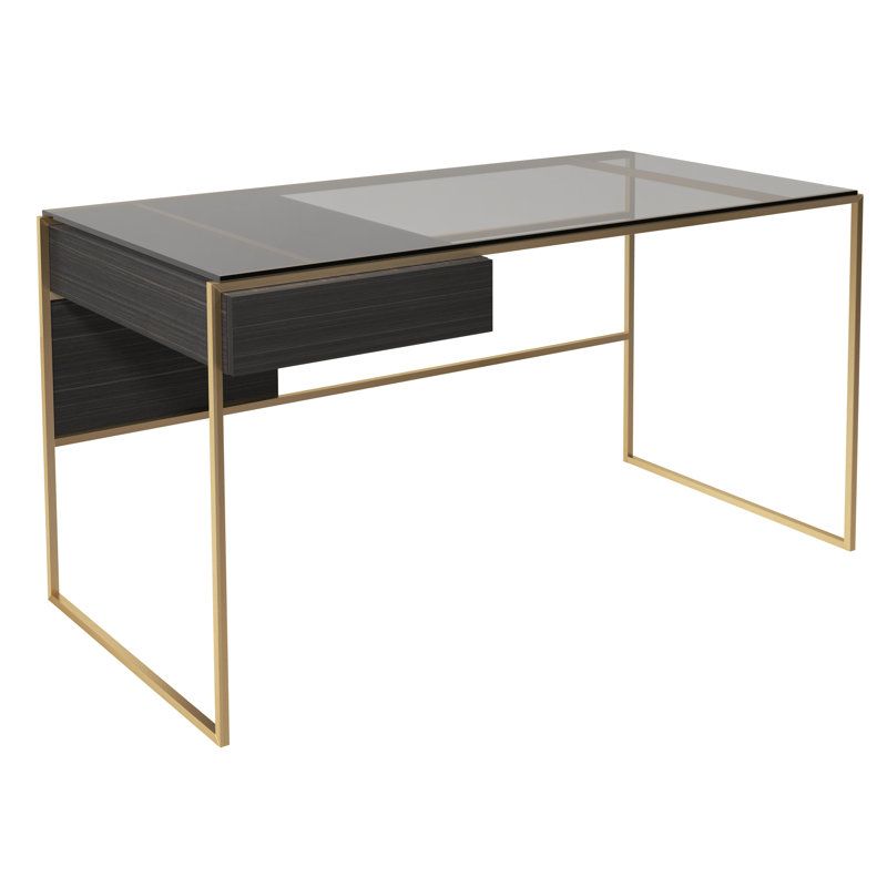 Euclid Glass Top Metal Base Writing Desk, Brass Brushed