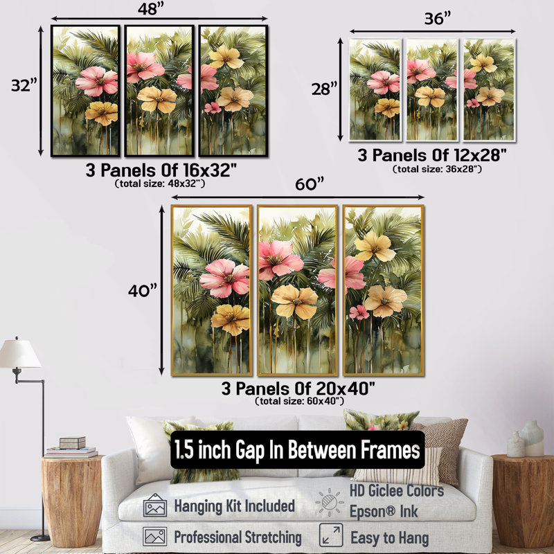Hibiscus tropical dans une symphonie de printemps II - art mural hibiscus - 3 panneaux, H 28 po x l 36 po, Blanc