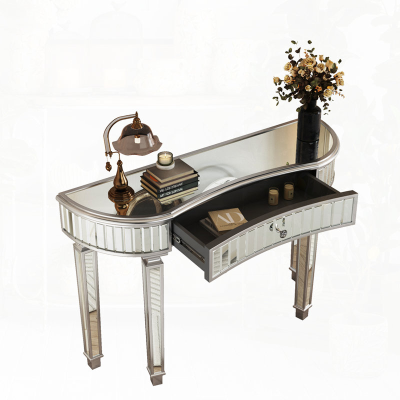 47" Half-Moon Mirrored Console Table With Glass And Drawer, Gray