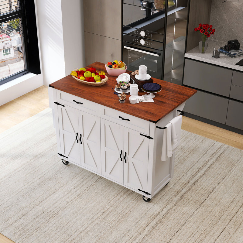 53.5'' Wood Farmhouse Kitchen Island With Power Outlet, White