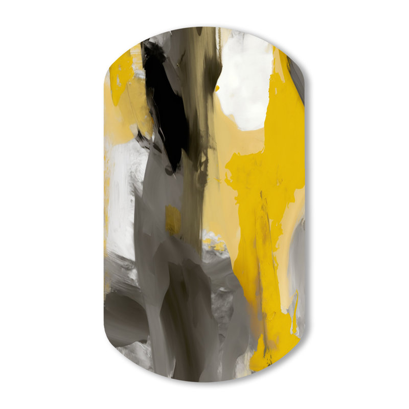 Moutarde jaune et gris vif II - art abstrait cylindrique en métal asymétrique, H 31 po x l 19 po