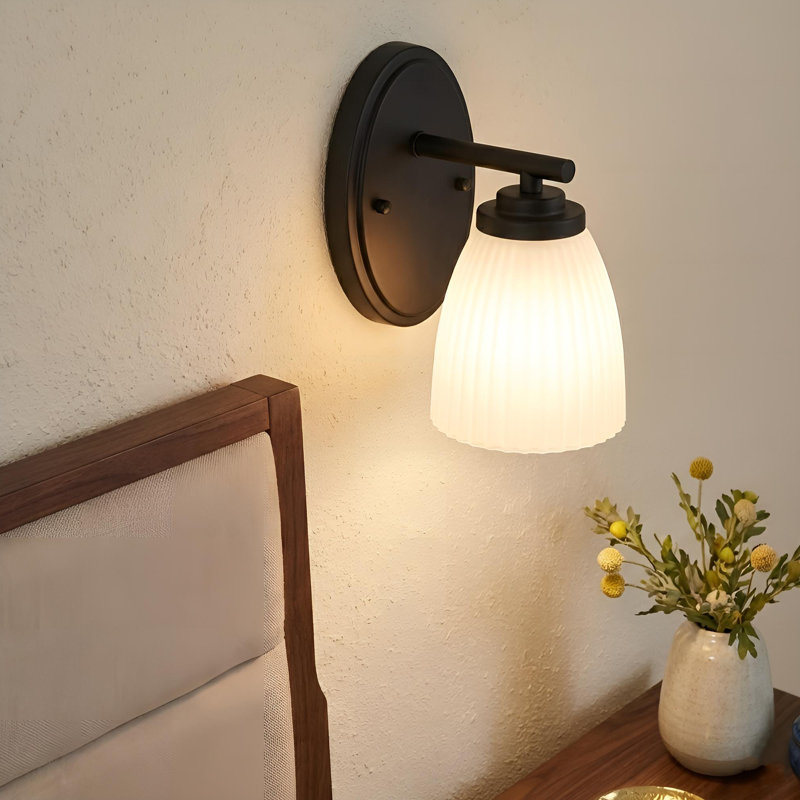 1-Light Modern Ribbed Frosted Glass Wall Sconce, Black