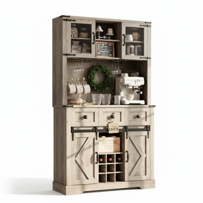 72" Farmhouse Bar Cabinet with Sliding Barn Door, Tall Kitchen Buffet with Storage Hutch and 3 Drawer,  Wine & Glasses Rack, Rustic Coffee Wine Bar Sideboard for Living Room