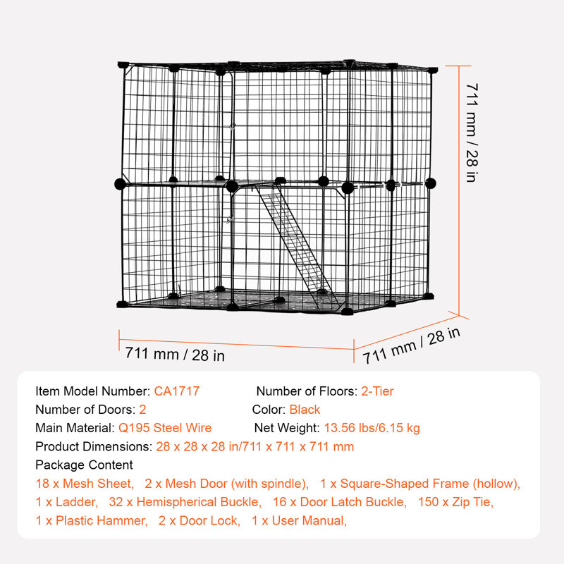 Grande cage à chat à 2 niveaux, 71 x 71 x 71 cm, enclos en fil de fer métallique démontable à monter soi-même, cage de transport idéale pour l'intérieur et l'extérieur, pour petits animaux, noire, avec rampe, échelle et plateforme de repos réglable.