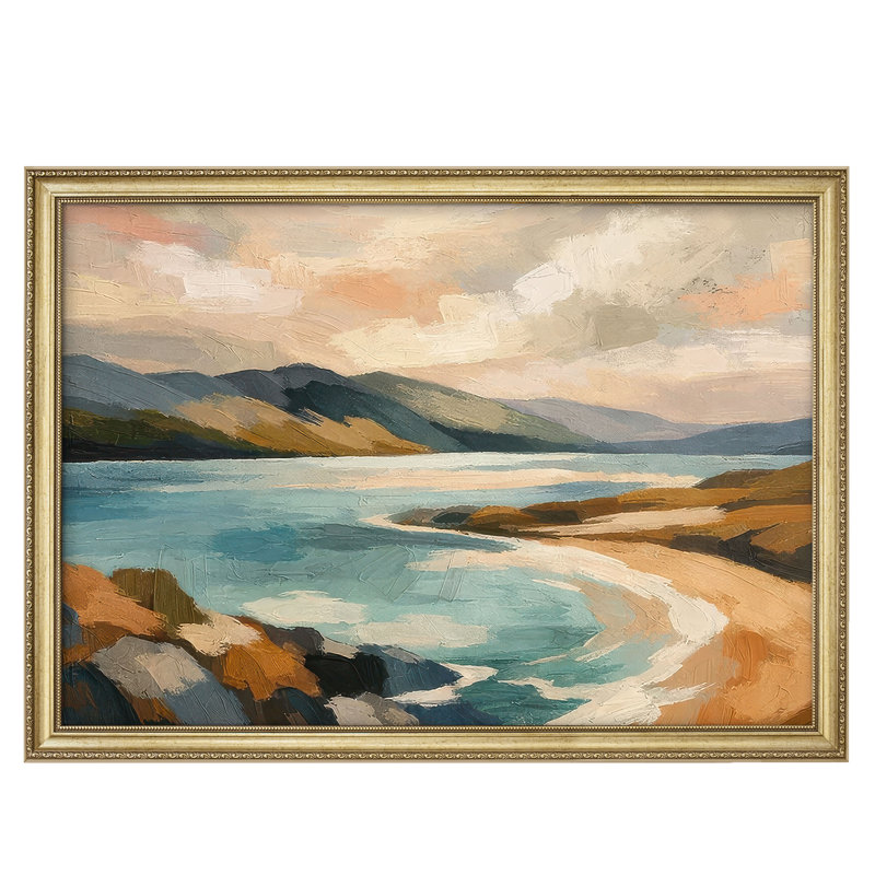 Paysage côtier avec eau bleue et rivage sablonneux pour salon, art mural encadré 26 po x 36 po, H 26 po x l 36 po