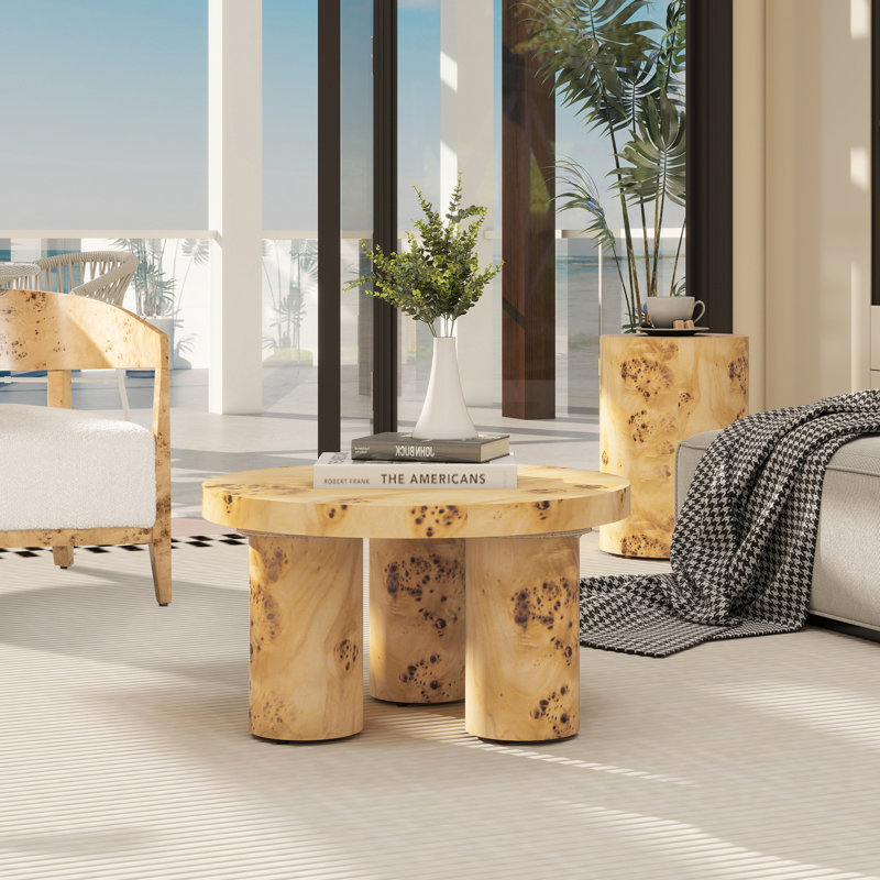 Tiffanie 28" Round Pillar Leg Coffee Table, Warm Natural Brown Burl Wood