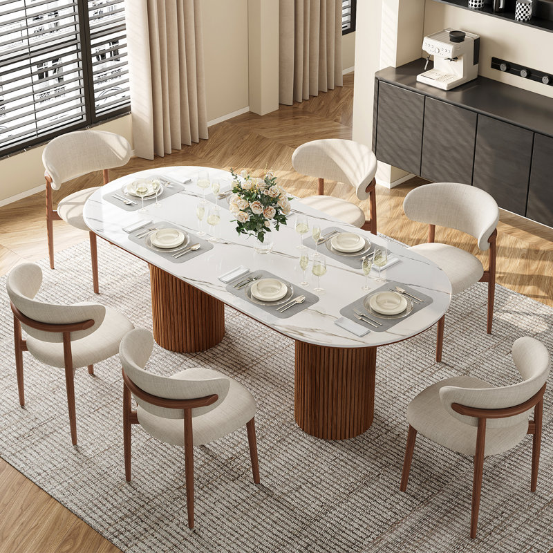 70.8" Oval Sintered Stone Dining Table Set With 6 Fabric Upholstered Dining Chairs