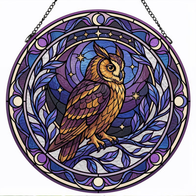 Owl Stained Stained Glass Window Panel，12"H