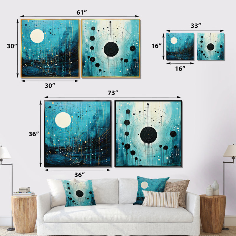 Ensemble de 2 collages abstraits bleus et noirs, Cadre flottant noir, H 16 po x l 33 po