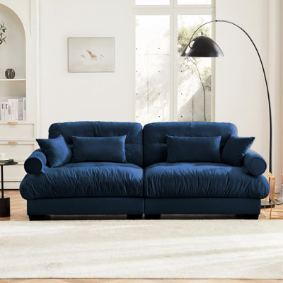 Fauteuil à deux places en velours bleu moderne avec coussins moelleux, coussins décoratifs en forme de nuage et coussins décoratifs