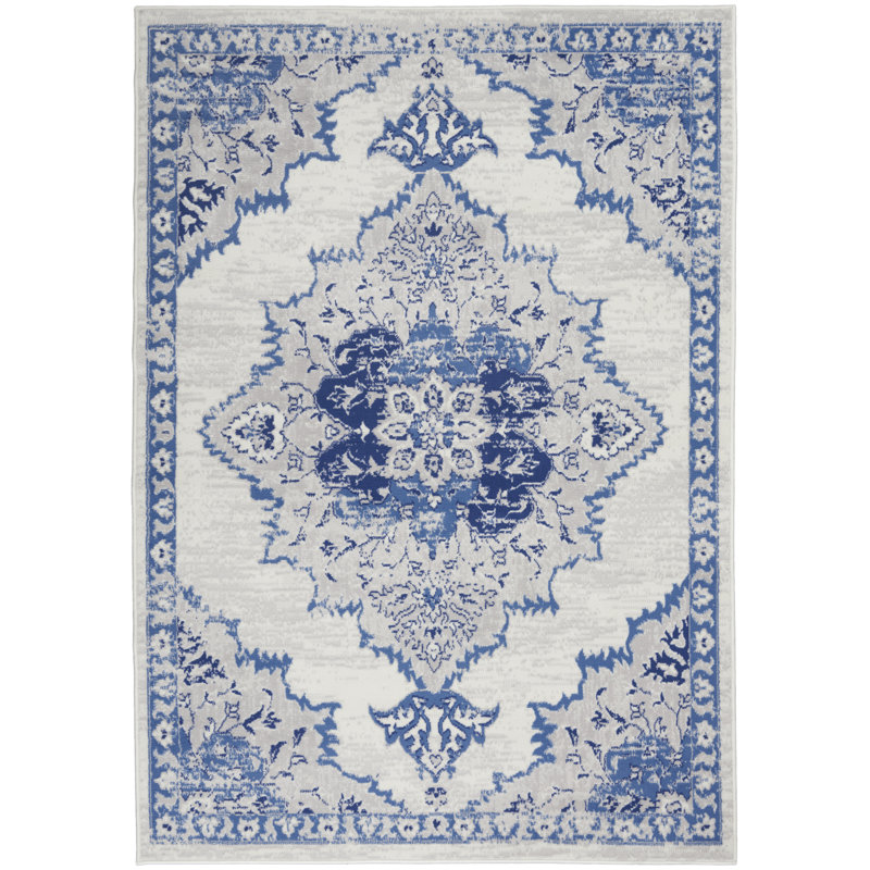 Tapis ivoire / bleu en polypropylène tissé à la machine Ikat, Rectangle 4 pi x 6 pi