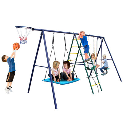 Qaba 8 in 1 Toddler Slide and Swing Set with 2 Slides, Baby Slide for Ages 1-3 with Basketball Hoop, Climber, Aisle, Steering Wheel, Storage Space, Te