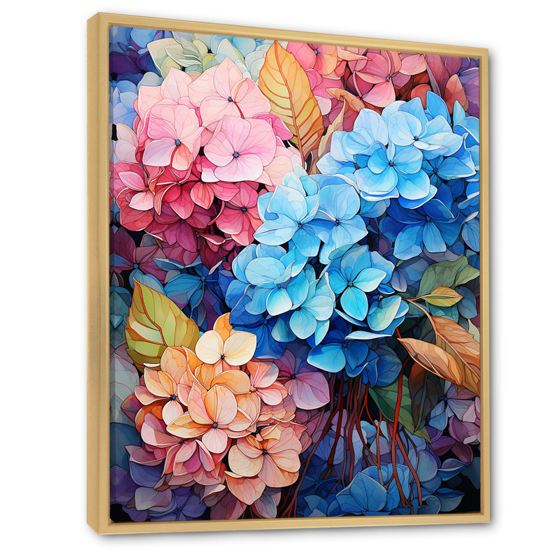 Hortensia bleue et orange II sur toile, Cadre flottant naturel, H 20 po x l 12 po x P 1 po