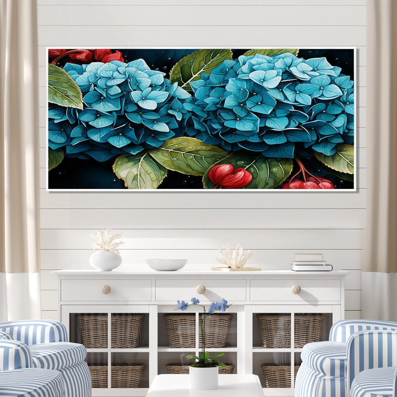 «Blue Hydrangea Bouquet Harmony - Hydrangea», art mural, Cadre flottant noir, H 24 po x l 32 po x P 1 po