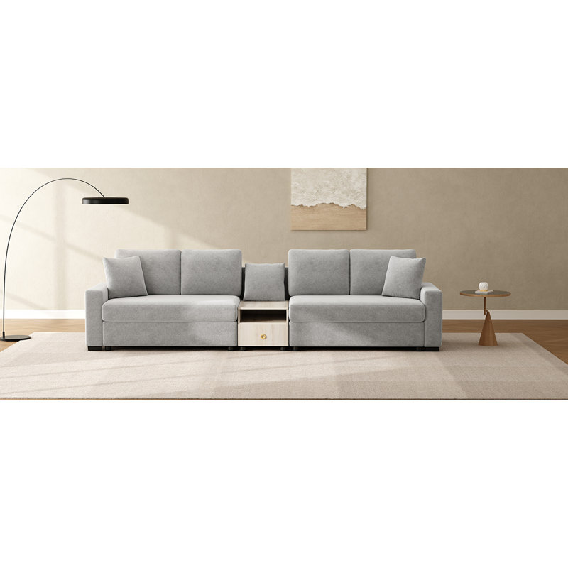 Canapé modulaire rembourré avec accoudoirs et console centrale, Gris