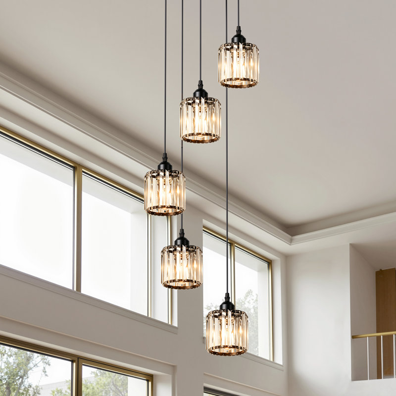 5-Light Dimmable Linear Kitchen Island Pendant Cluster Chandelier with with Crystal Shades