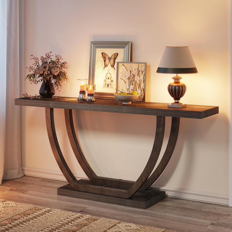 63-Inch Geometric Base Slim Console Table, Upholstered Sofa Back Table With Shelves For Living Room Foyer Hallway (Rustic Brown)
