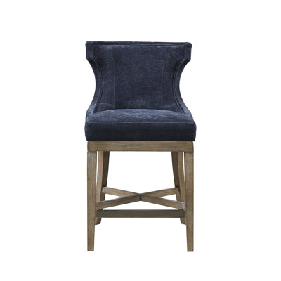 Tabouret de comptoir pivotant revêtu de tissu d'ameublement bleu marine - structure en bois massif, capacité de 300 lb, pieds de chaise tendance Flair, rotation à 360 °, vision élégante