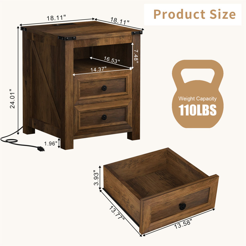 Nightstands With Charging Station, Rustic 18 Inch Bedside Table With 2 Storage Drawers And Open Shelf, Brown, Individual