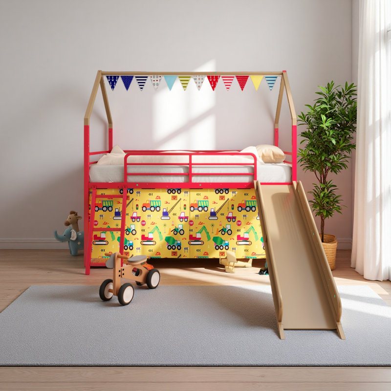 Metal Junior House Twin Loft Bed With Slide And Curtain Set, Super Hero, Gold