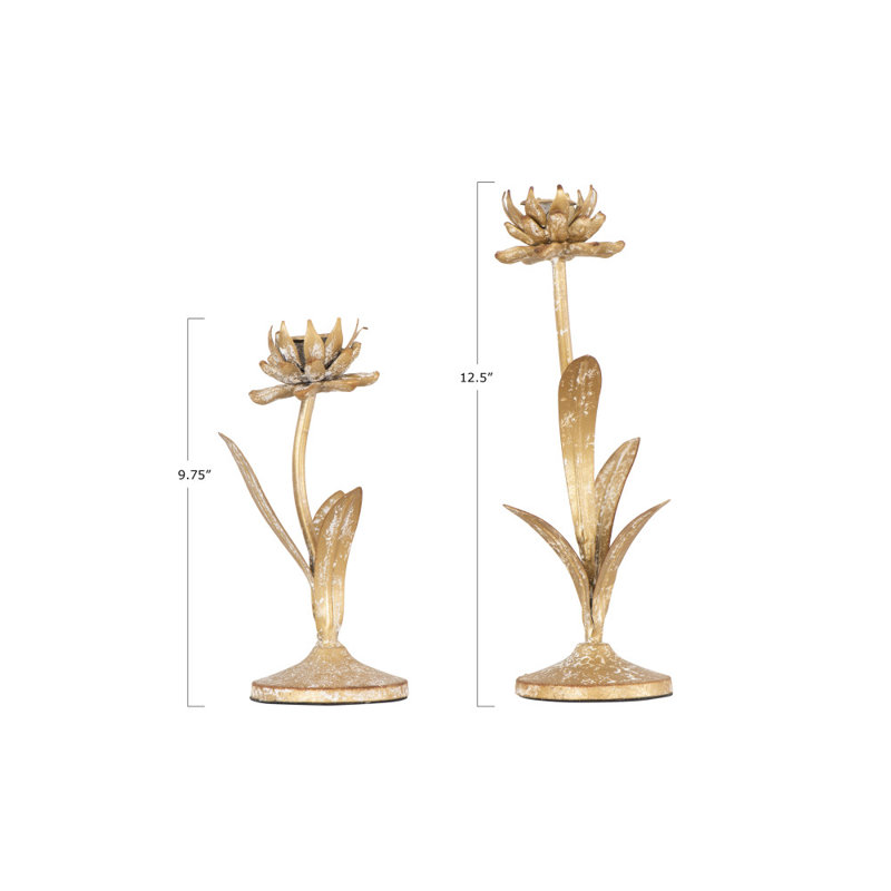 Distressed Gold Metal Flower Taper Candle Holders, Set of 2
