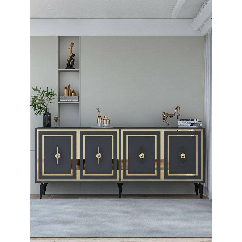 Buffet 4 portes avec détails rectangulaires dorés / argentés, Or / anthracite