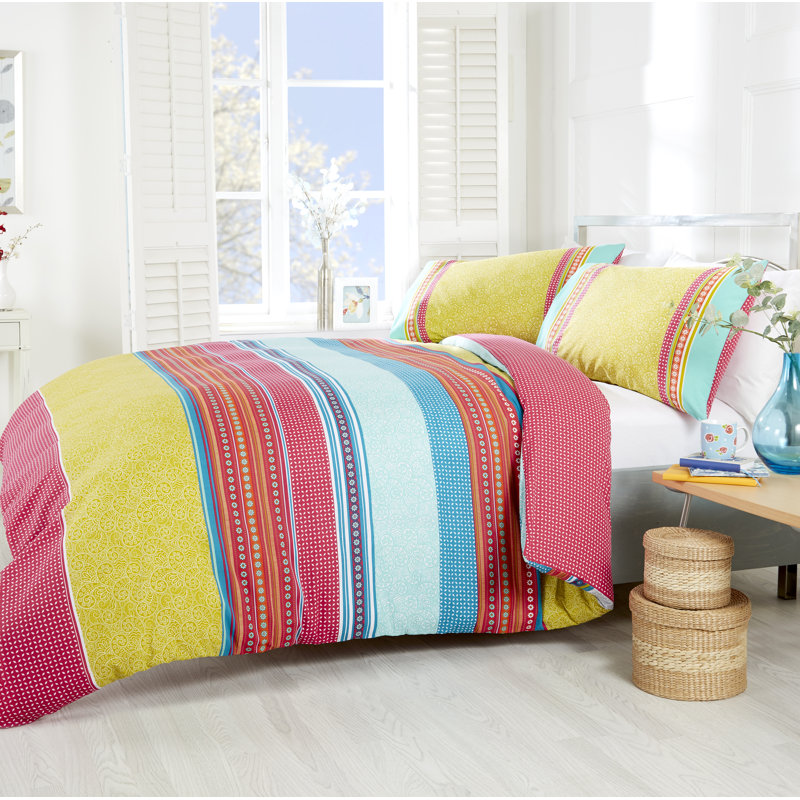 Striped Duvet Cover with Pillowcases, Lime/Pink/Teal, Kingsize Duvet Cover + 2 Standard Pillowcases