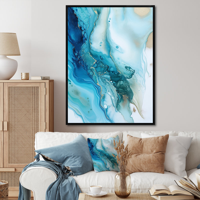 Encre liquide bleue et blanche Geyser - reproduction sur toile, H 32 po x l 16 po x P 1 po, Cadre flottant noir