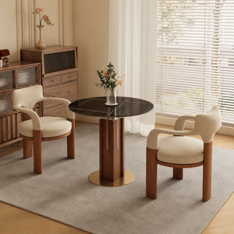 Table de salle à manger ronde 33 po de luxe avec piédestal multicouche en noyer et base en or brossé - disponible en verre, marbre, marbre chaud et dessus en marbre noir