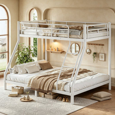 Lit superposé en métal robuste avec garde-corps pour les adultes adultes, lit superposé moderne avec assemblage facile pour dortoir, lit simple TG sur grand lit, blanc [non séparable]