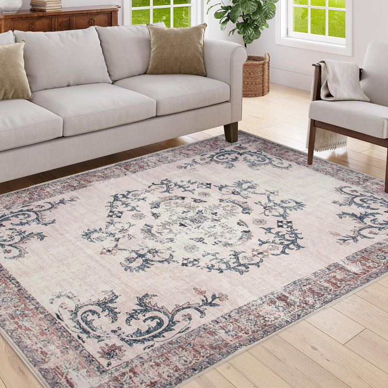 Vintage Bohemian 5x7 Area Rug, Non-slip Machine Washable Non-shedding Faux Wool Carpet, Traditional Persian Style Rug For Living Room Bedroom Dining Room Kitchen Entrance