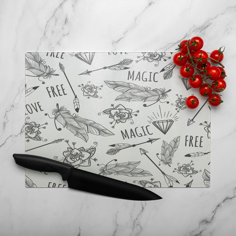 Tribal Feathers Arrows And Diamonds Glass Chopping Board, 28cm L x 20cm W