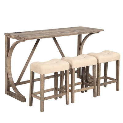 4-Piece Bar Table Set with Power Outlet, Dining Bar Table and Chairs Set,Bar Table Set with 3 Padded Stools for Living Room, Dining Room, Game Room