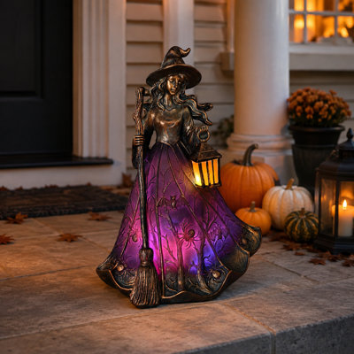 8.27" H Solar Witch Halloween Garden Statue with LED Lantern