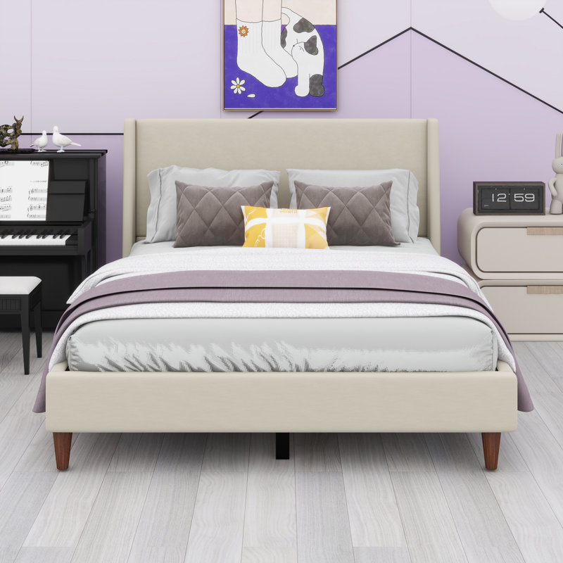 Lit plateforme tapissier avec tête de lit à oreilles et pieds en bois, Beige, Très grand lit