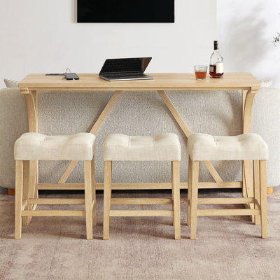 59 Inch Bar Table, Dining Table, Sofa Table with Power Outlet, 3 Upholstered Stools, 4 Piece Bar Table and Chair Set for Living Room, Dining Room, Kitchen