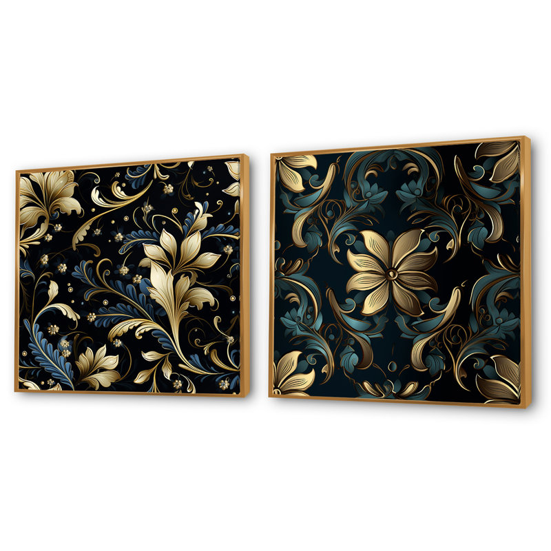 Essonnes - Abstract Botanicals Square Collage Set Of 2, 16" H x 33" W, Gold Floater Framed