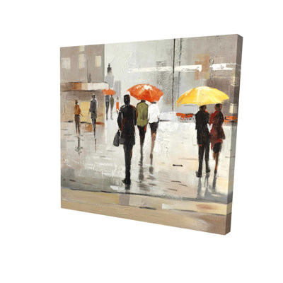 Toile contemporaine brune - Passants abstraits avec parapluies