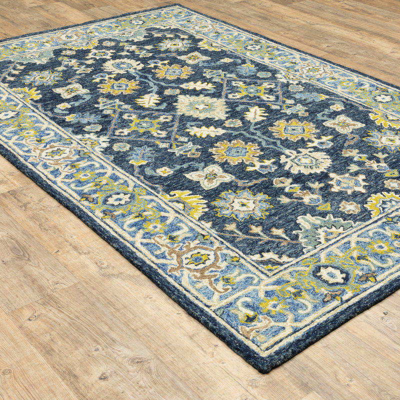 Tapis bleu / jaune touffeté à la main Schuck, Rectangle 3 pi 6 po x 5 pi 6 po