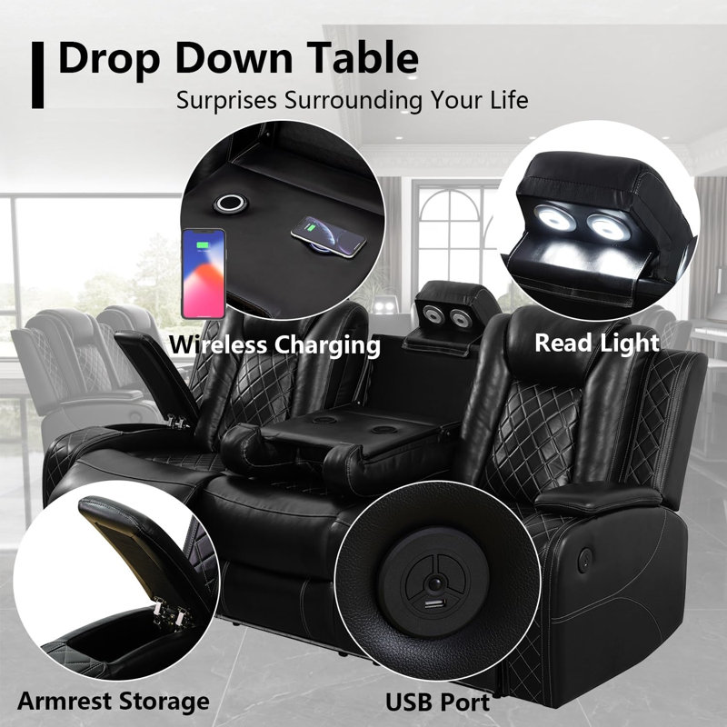 Black Breathing Leather Living Room Sectional Recliner Sofa