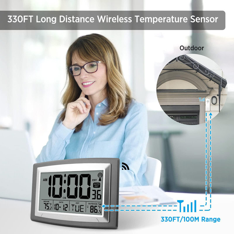 Atomic Clock With Indoor And Outdoor Temperature - 12.5 Inch Self-Setting Digital Clock Large Display