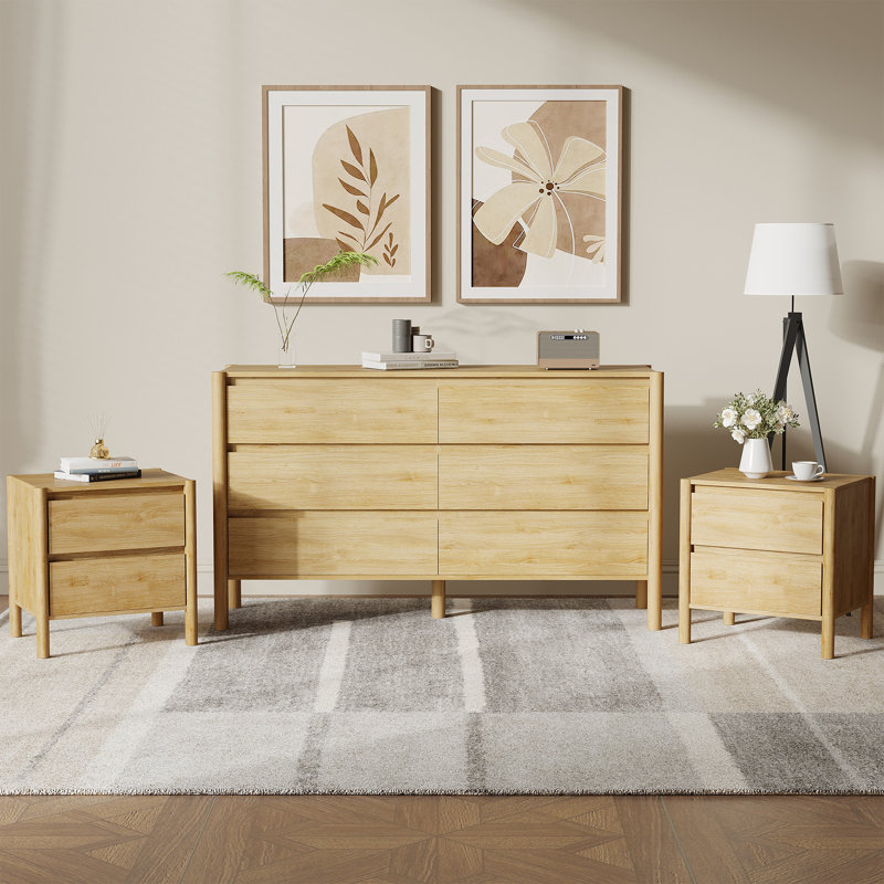 Hingham 3 Piece Bedroom Set,6-Drawer Dresser And 2 Nightstands,Walnut, Oak