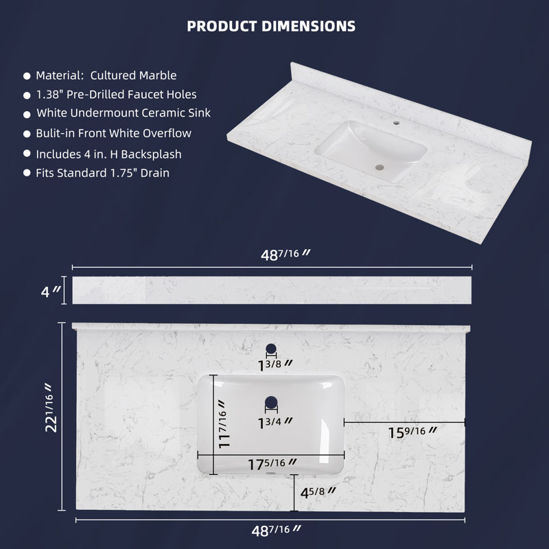 48 po X P 22 po D Comptoir de salle de bain rectangulaire en marbre blanc cultivé
