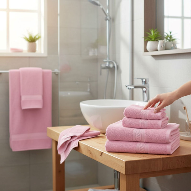 6-Piece Bamboo Cotton Bath Towel Set – 65% Cotton / 35% Viscose from Bamboo, 680 GSM, Anti-Microbial & Sustainable - Pink