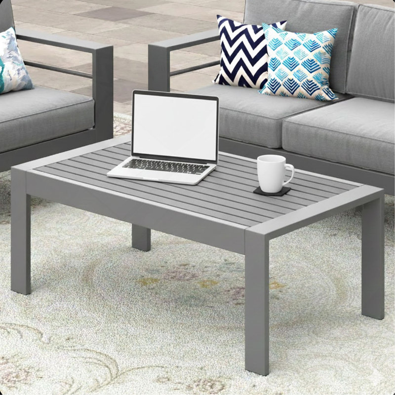 43" X 24" All-Weather Metal Outdoor Coffee Table With Wood-Look Top And Gray Frame, Gray